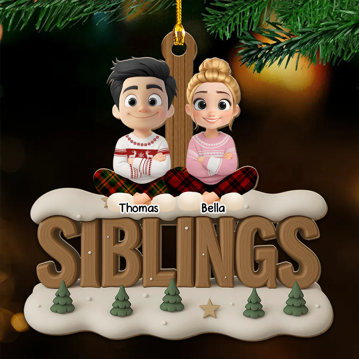 Siblings This Year Onwards - Personalized Custom 3D Effect Wood Ornament - Image 2
