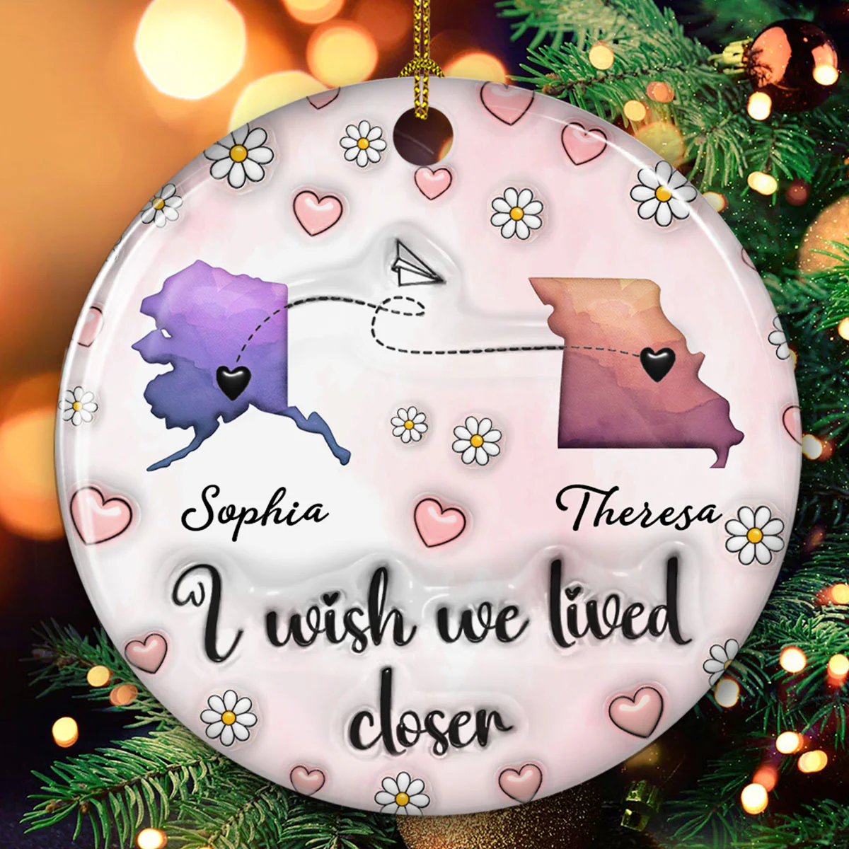 Side By Side Or Miles Apart - Personalized Custom 3D Inflated Effect Ceramic Ornament - Image 2