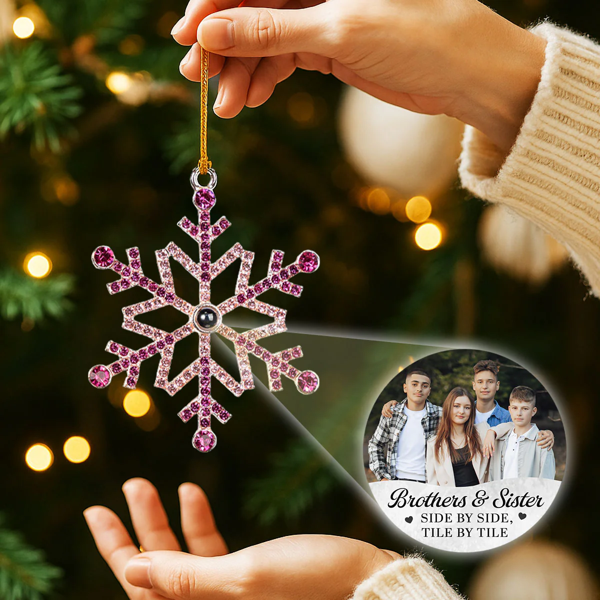 Side By Side Tile By Tile - Personalized Custom Photo Snowflake Projection Ornament - Image 3