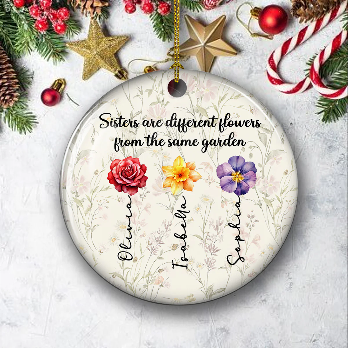 Sister Flowers - Personalized Custom Ceramic Ornament - Image 3