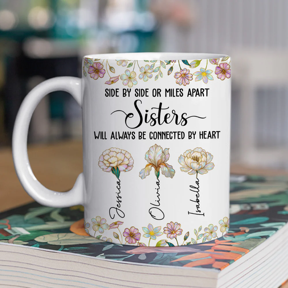Sisters Always Connected Flowers - Personalized Custom Coffee Mug - Image 2