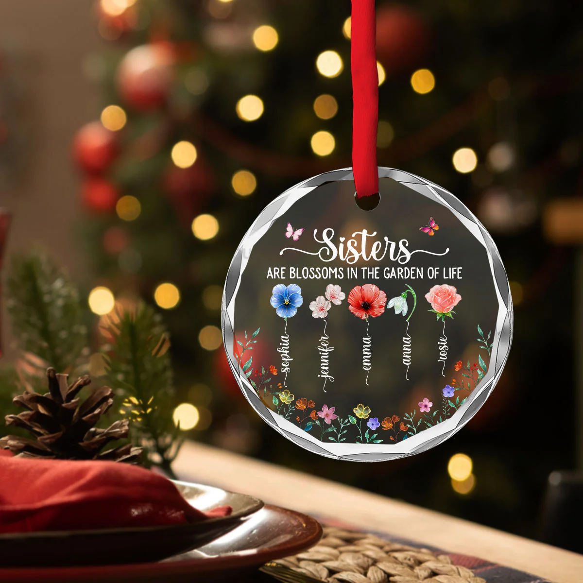 Sisters Are Blossoms - Personalized Custom Glass Ornament - Image 4