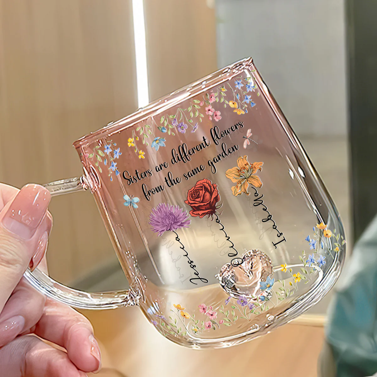 Sisters Are Different Flowers From The Same Garden - Personalized Custom Pink Gradient Glass Mug - Image 3