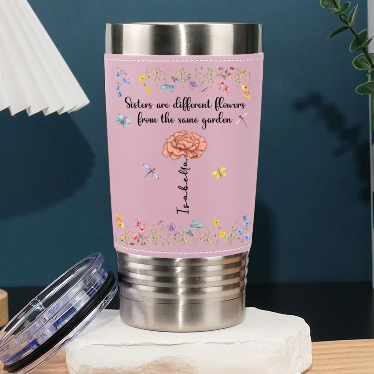 Sisters Are Different Flowers From The Same Garden - Personalized Custom Pink Leather Tumbler - Image 7