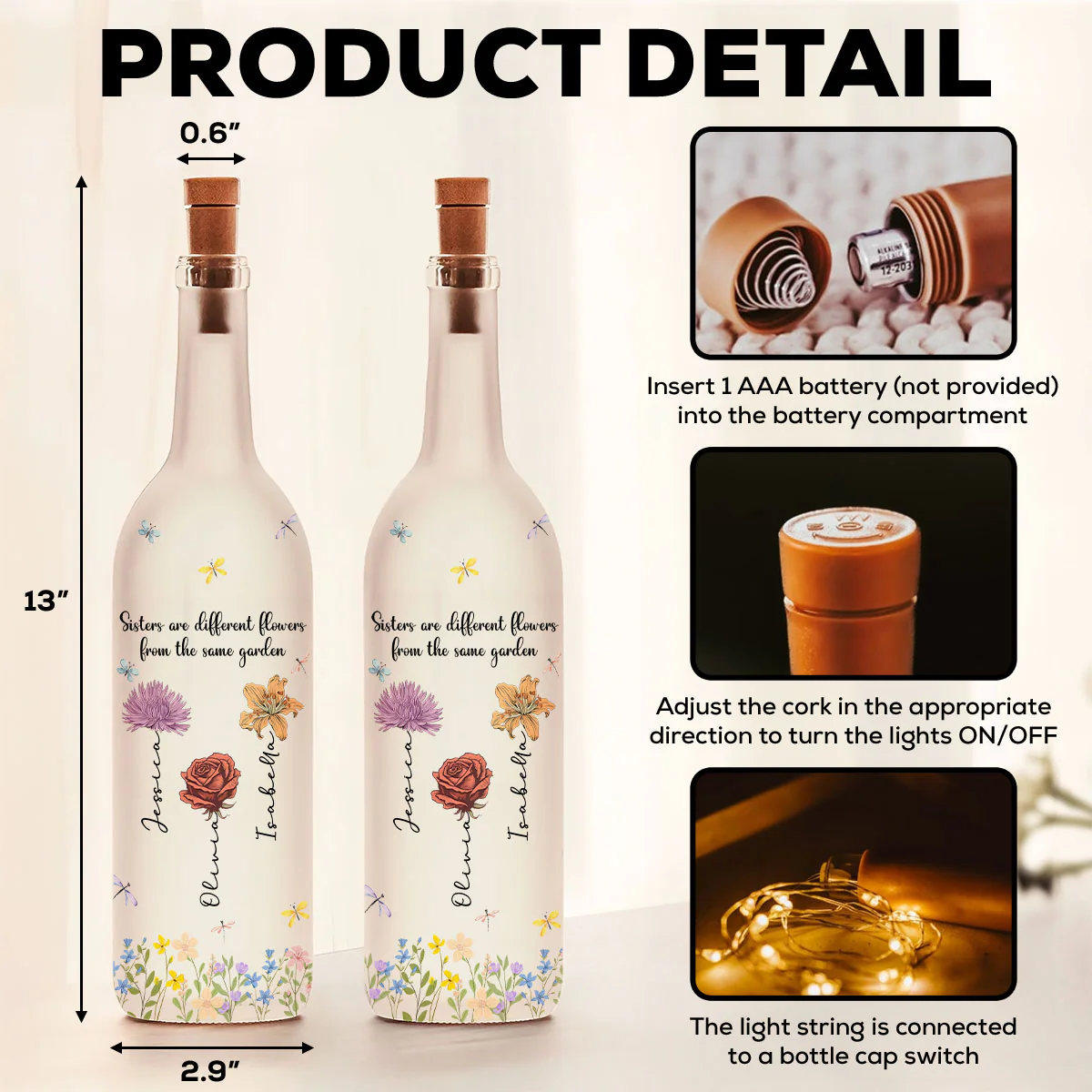 Sisters Are Different Flowers - Personalized Custom Bottle Lamp - Image 5