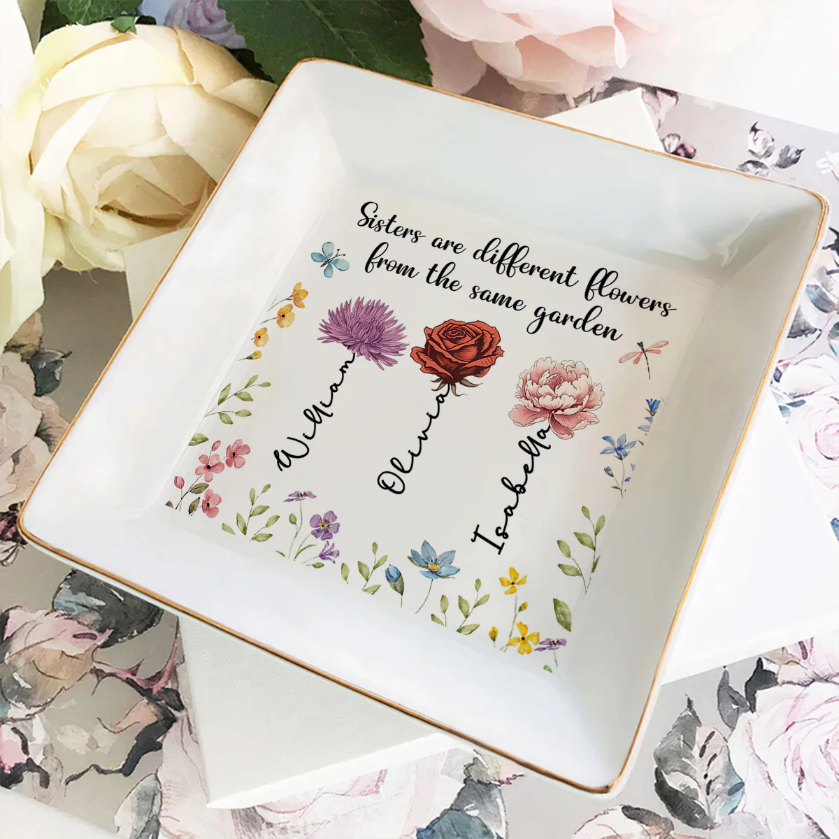 Sisters Are Different Flowers - Personalized Custom Jewelry Dish - Image 3