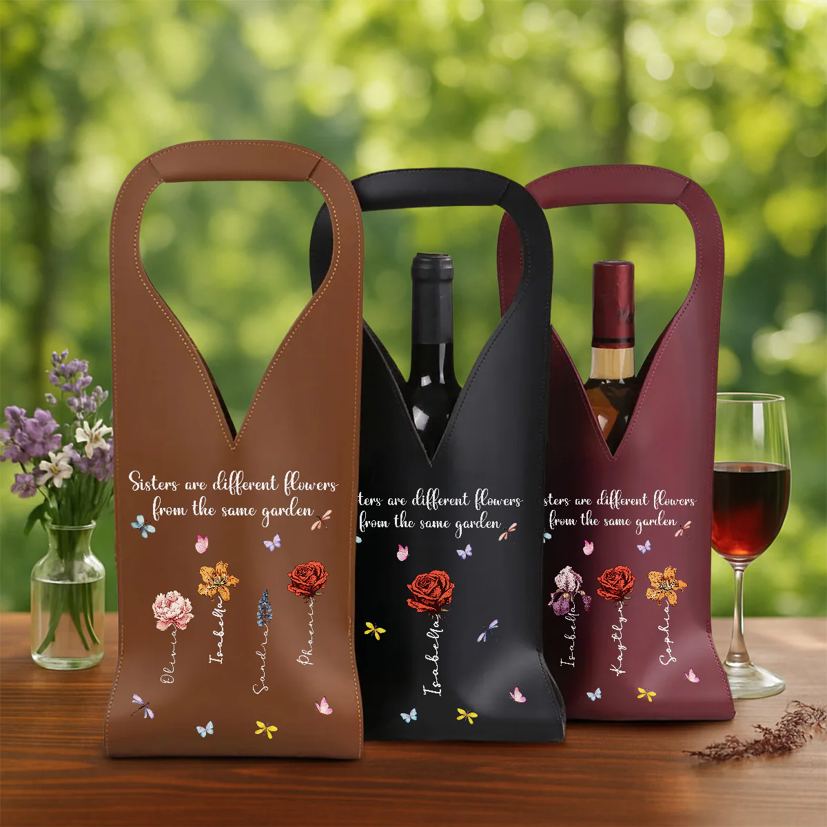 Sisters Are Different Flowers - Personalized Custom Leather Wine Bag - Image 4