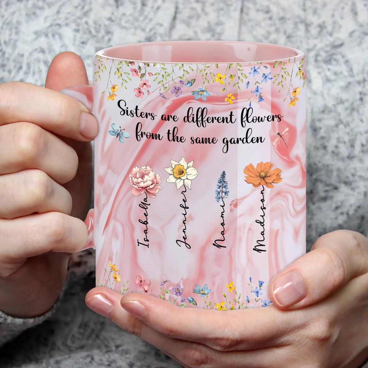 Sisters Are Different Flowers - Personalized Custom Pink Marble Mug - Image 2