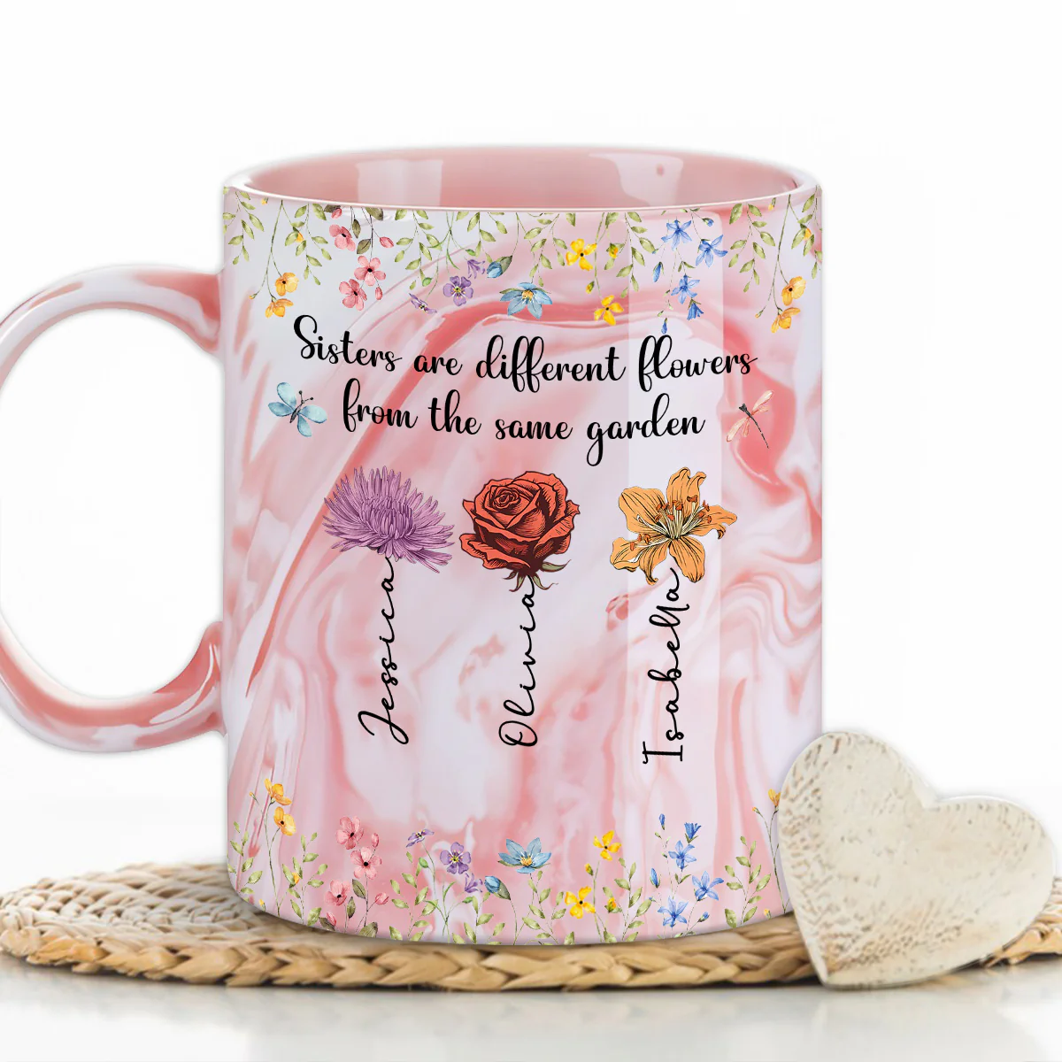 Sisters Are Different Flowers - Personalized Custom Pink Marble Mug - Image 4