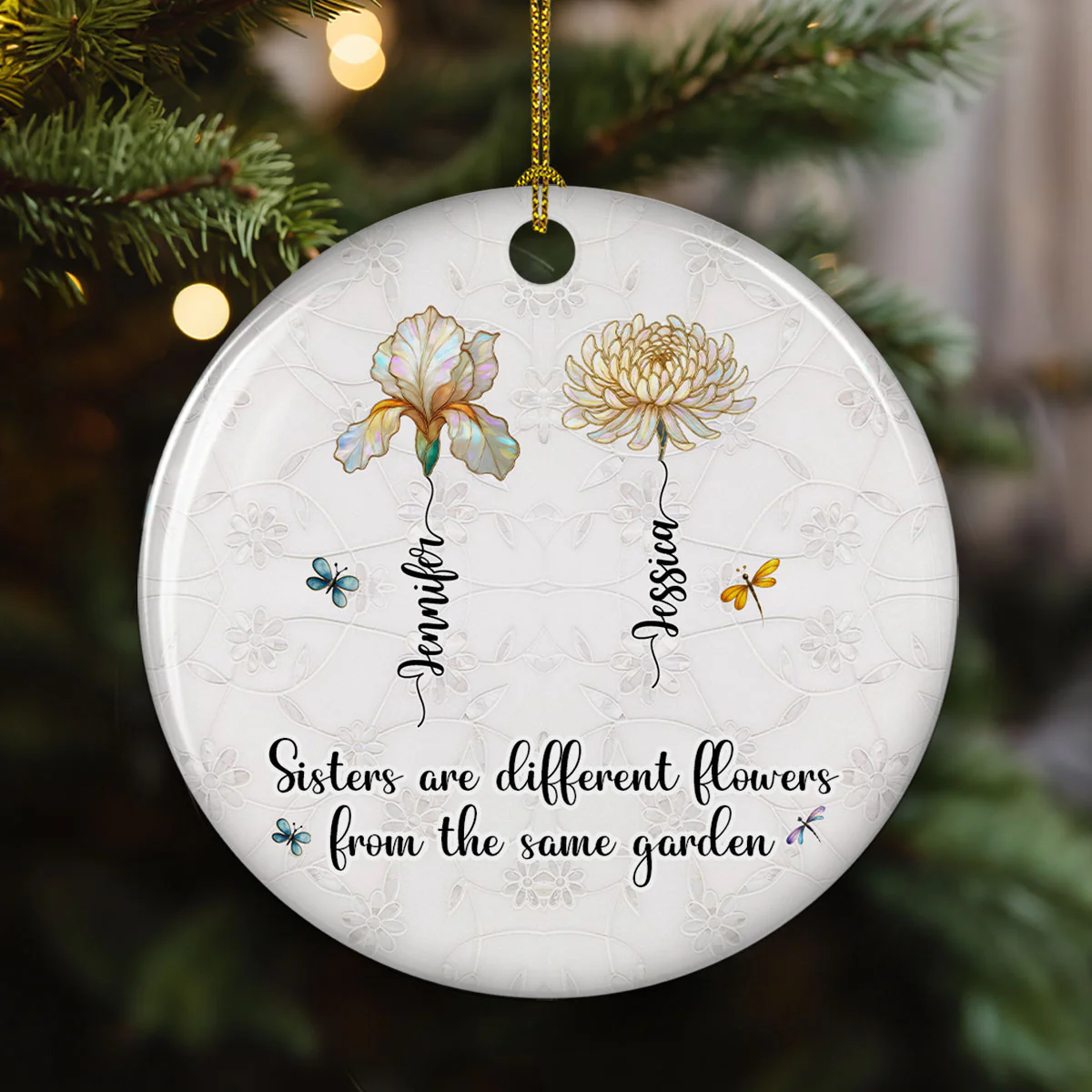 Sisters Are Flowers Mother Of Pearl - Personalized Custom Ceramic Ornament - Image 2