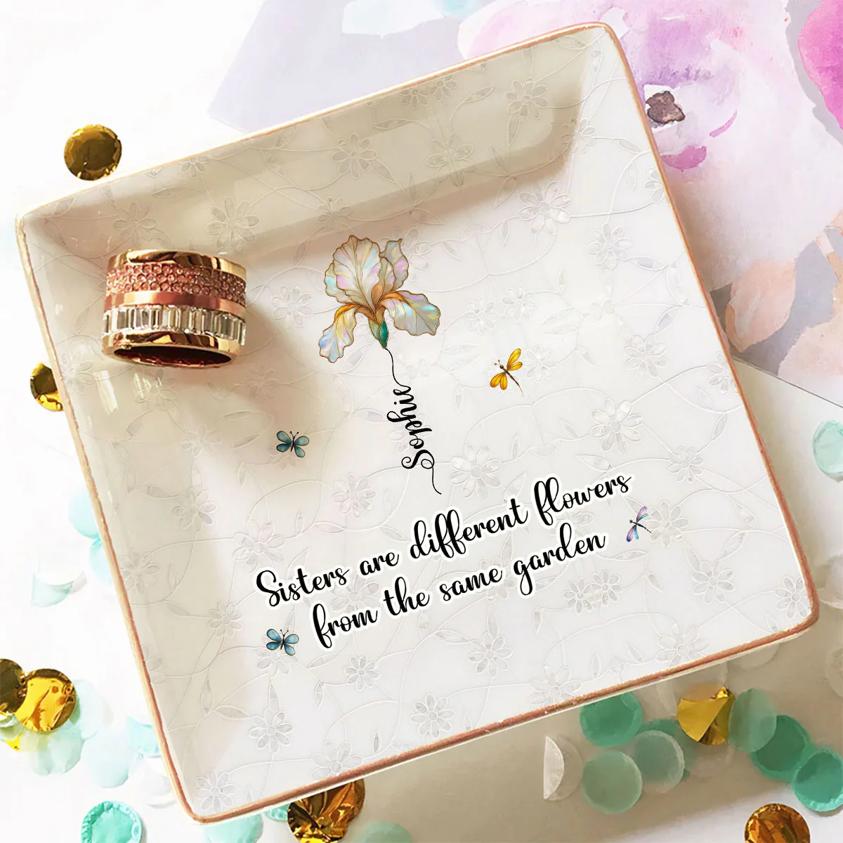 Sisters Are Flowers Mother Of Pearl - Personalized Custom Jewelry Dish - Image 2