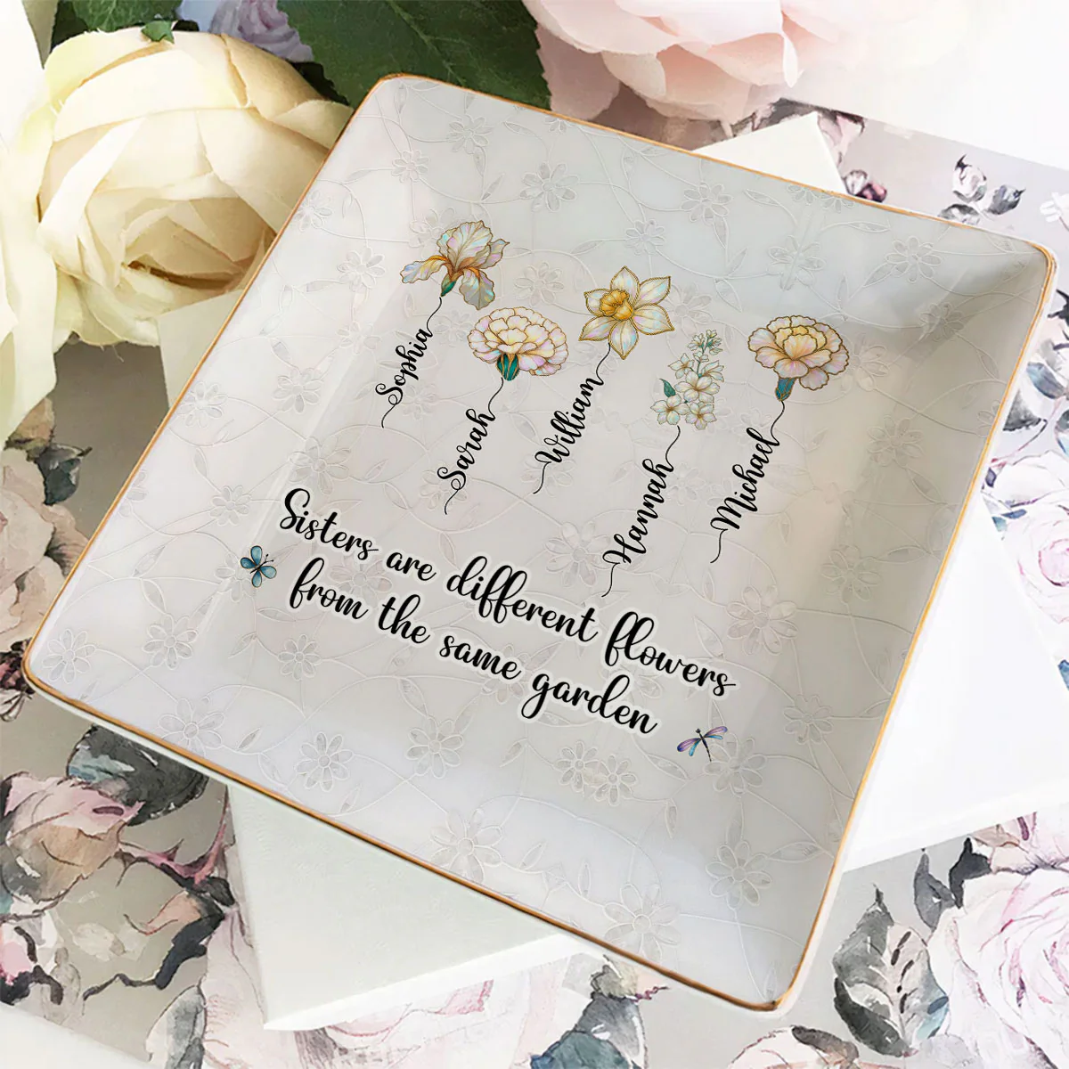 Sisters Are Flowers Mother Of Pearl - Personalized Custom Jewelry Dish - Image 3