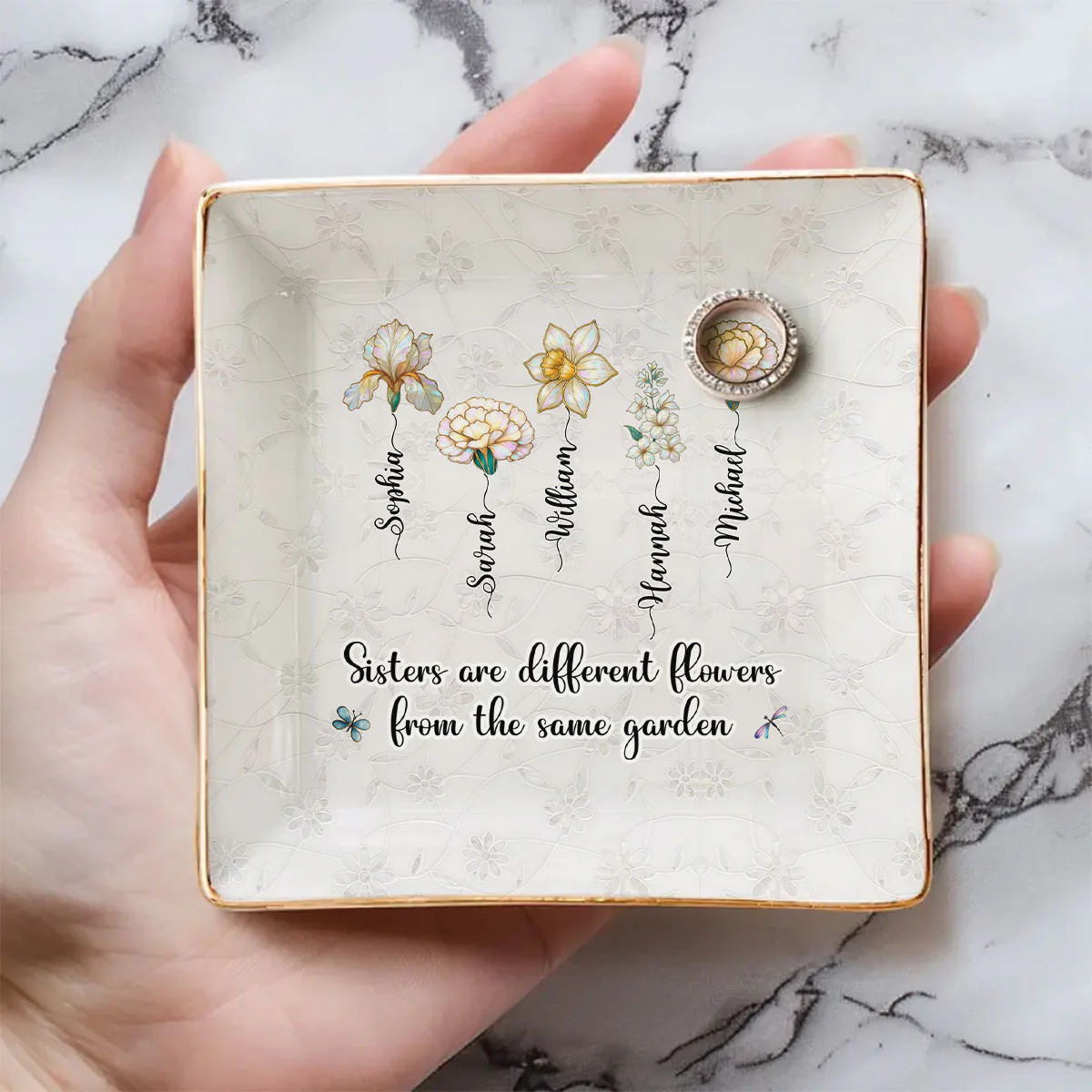 Sisters Are Flowers Mother Of Pearl - Personalized Custom Jewelry Dish - Image 4