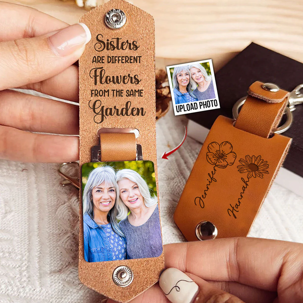 Sisters Are Flowers - Personalized Leather Photo Keychain - Image 3