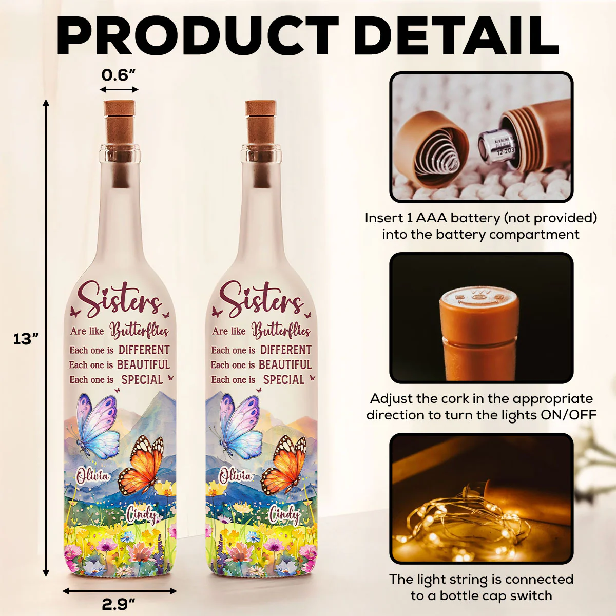Sisters Are Like Butterflies - Personalized Custom Bottle Lamp - Image 5