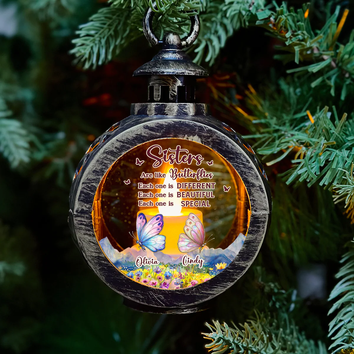 Sisters Are Like Butterflies - Personalized Custom Christmas Lantern - Image 2
