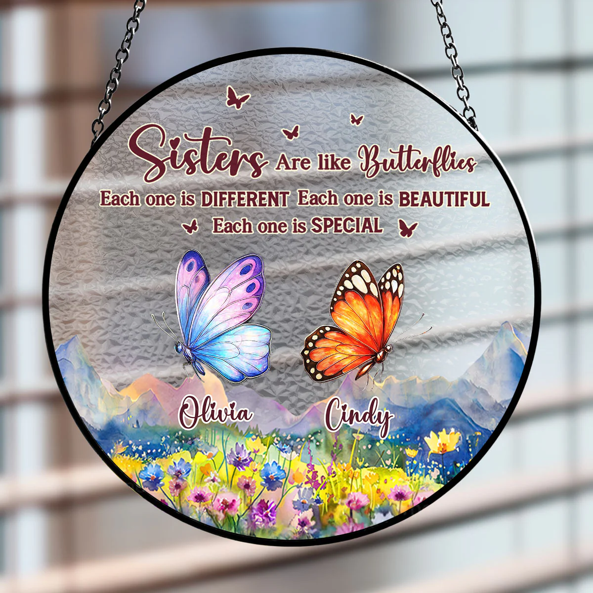 Sisters Are Like Butterflies - Personalized Custom Window Hanging Suncatcher - Image 2