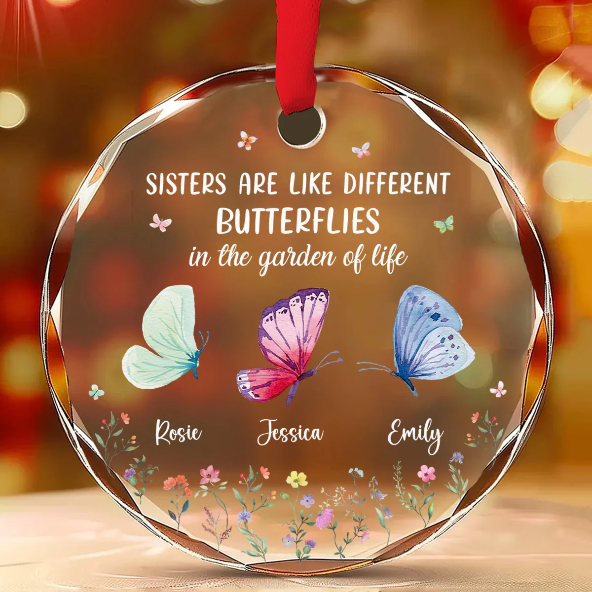 Sisters Are Like Different Butterflies - Personalized Custom Glass Ornament - Image 2
