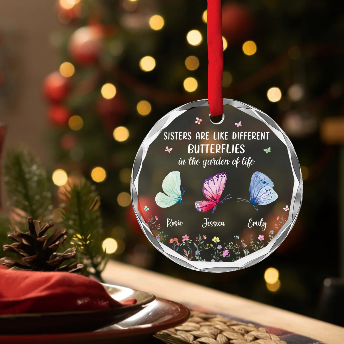 Sisters Are Like Different Butterflies - Personalized Custom Glass Ornament - Image 4