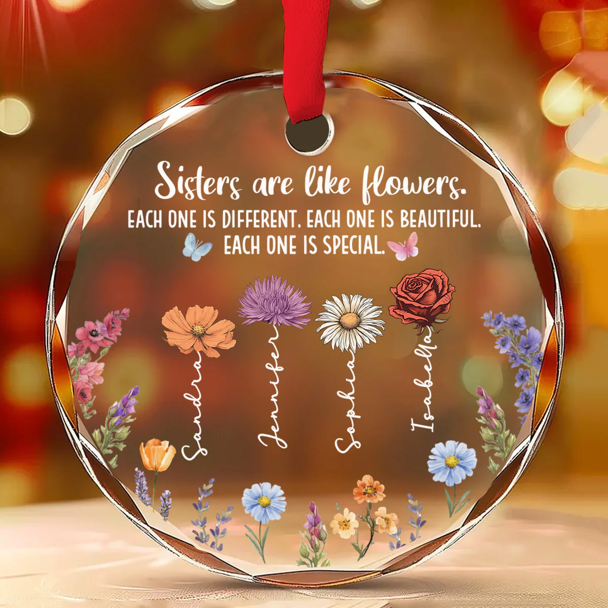 Sisters Bloom In Unique Beauty - Personalized Custom Glass Ornament - Image 2
