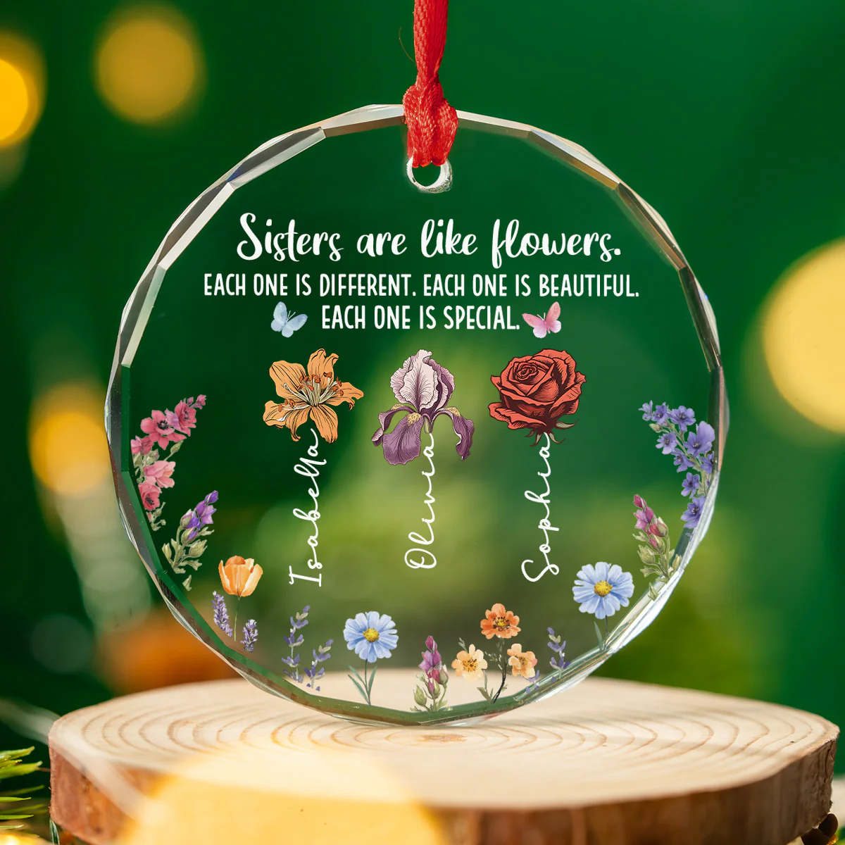 Sisters Bloom In Unique Beauty - Personalized Custom Glass Ornament - Image 3