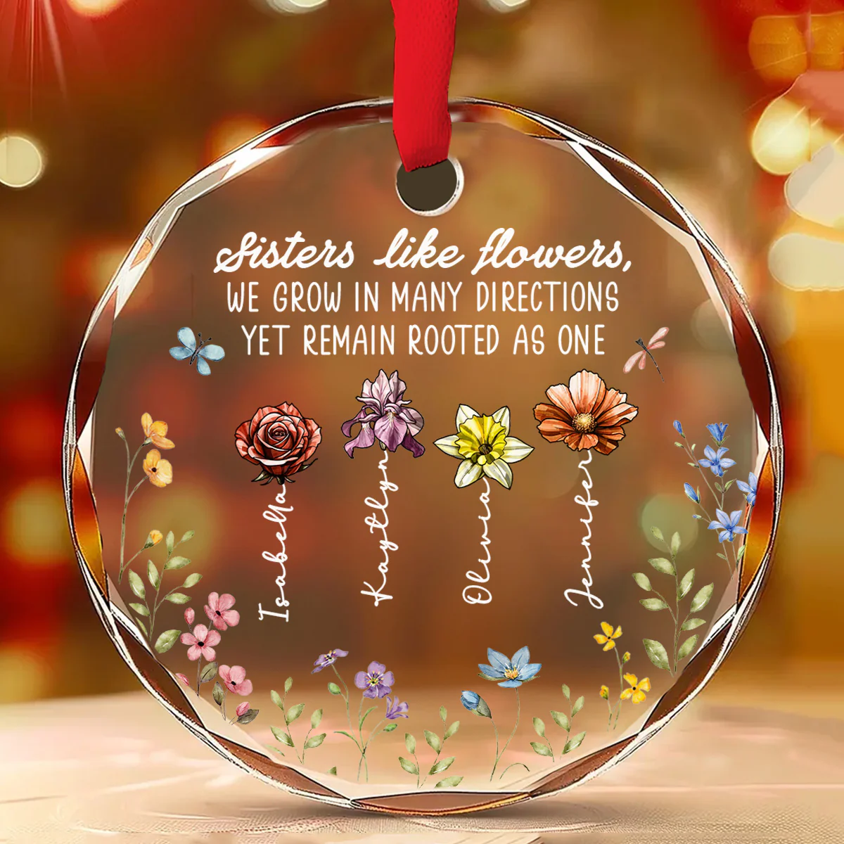 Sisters Bloom Like Flowers - Personalized Custom Glass Ornament - Image 2