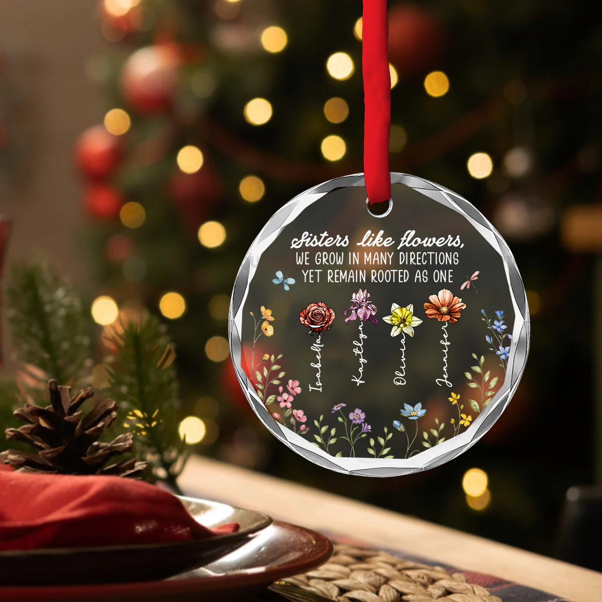 Sisters Bloom Like Flowers - Personalized Custom Glass Ornament - Image 4
