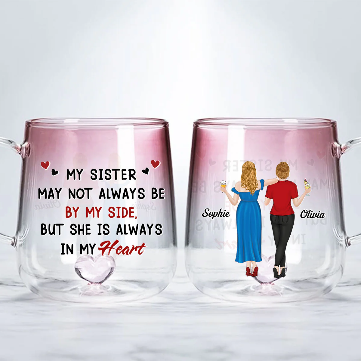 Sisters By Heart Not Distance - Personalized Custom Pink Gradient Glass Mug - Image 2