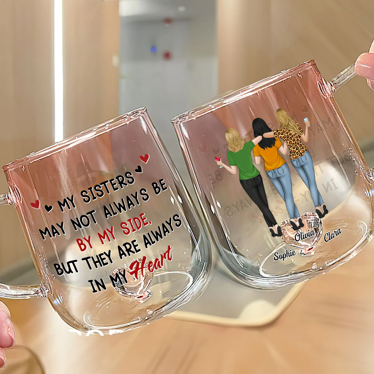 Sisters By Heart Not Distance - Personalized Custom Pink Gradient Glass Mug - Image 3