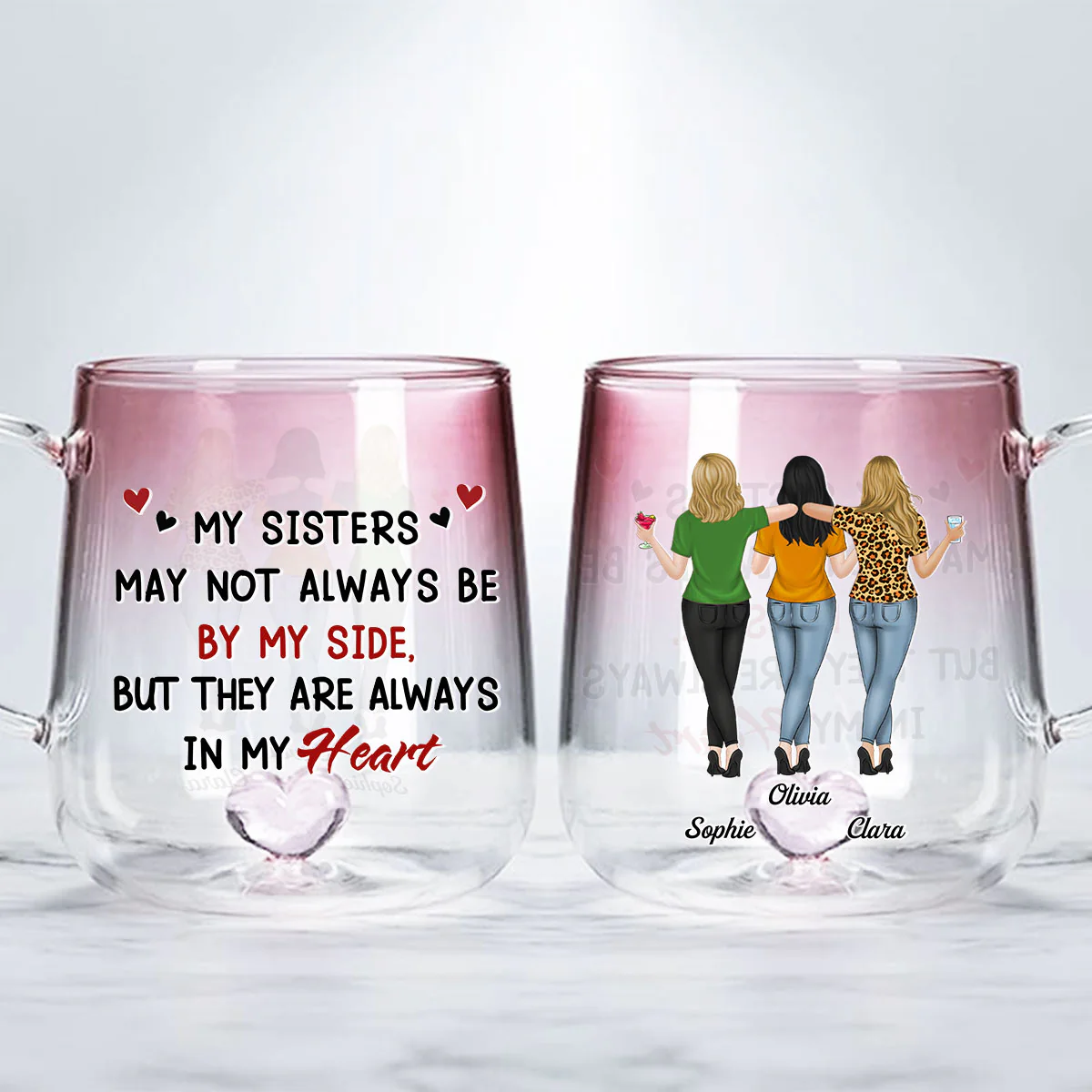 Sisters By Heart Not Distance - Personalized Custom Pink Gradient Glass Mug - Image 4