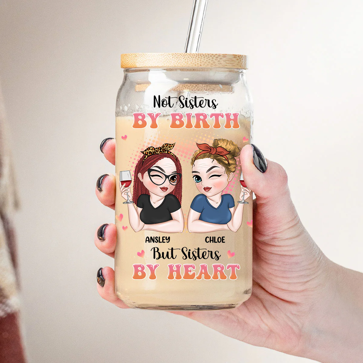 Sisters By Heart - Personalized Custom Glass Can - Image 3