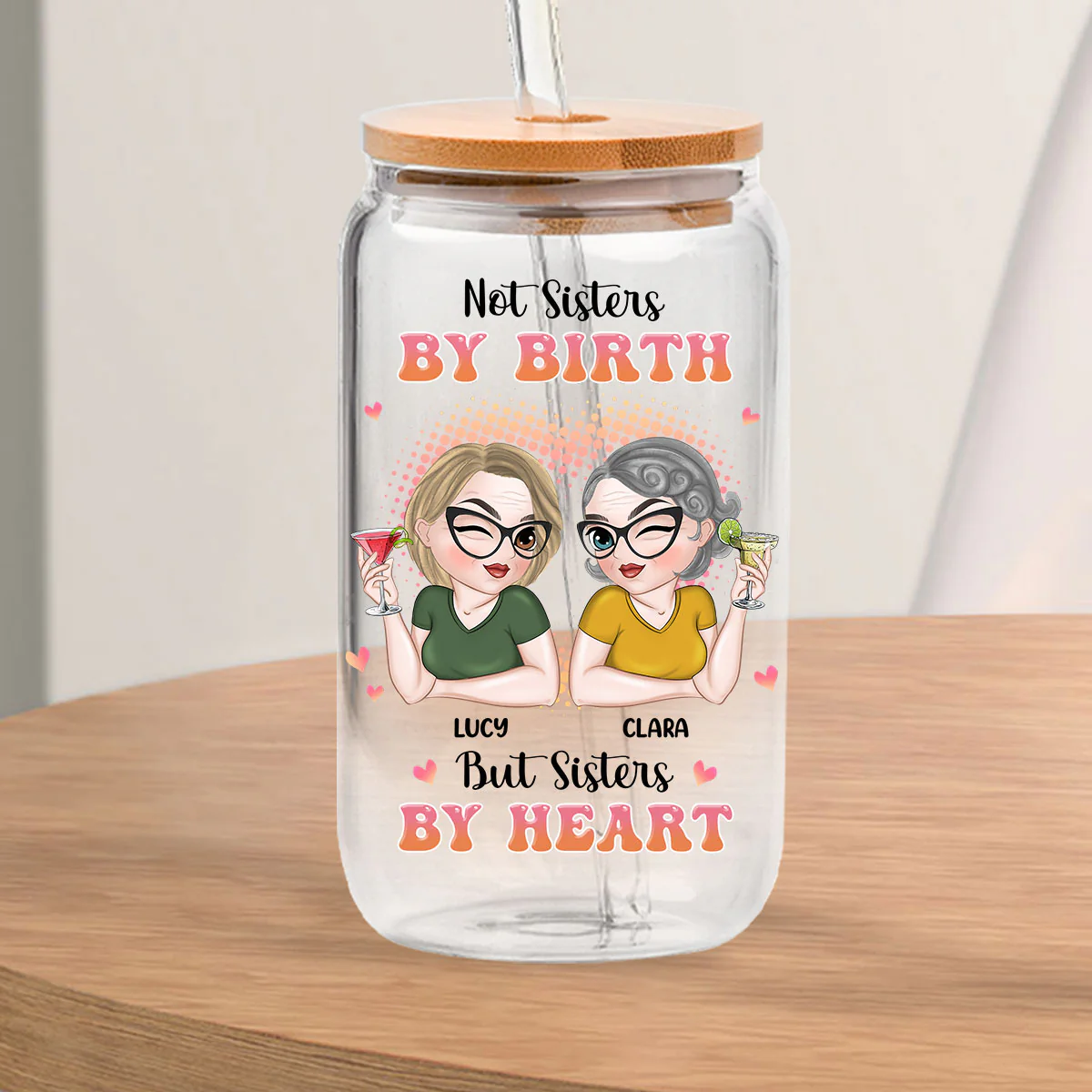 Sisters By Heart - Personalized Custom Glass Can - Image 4