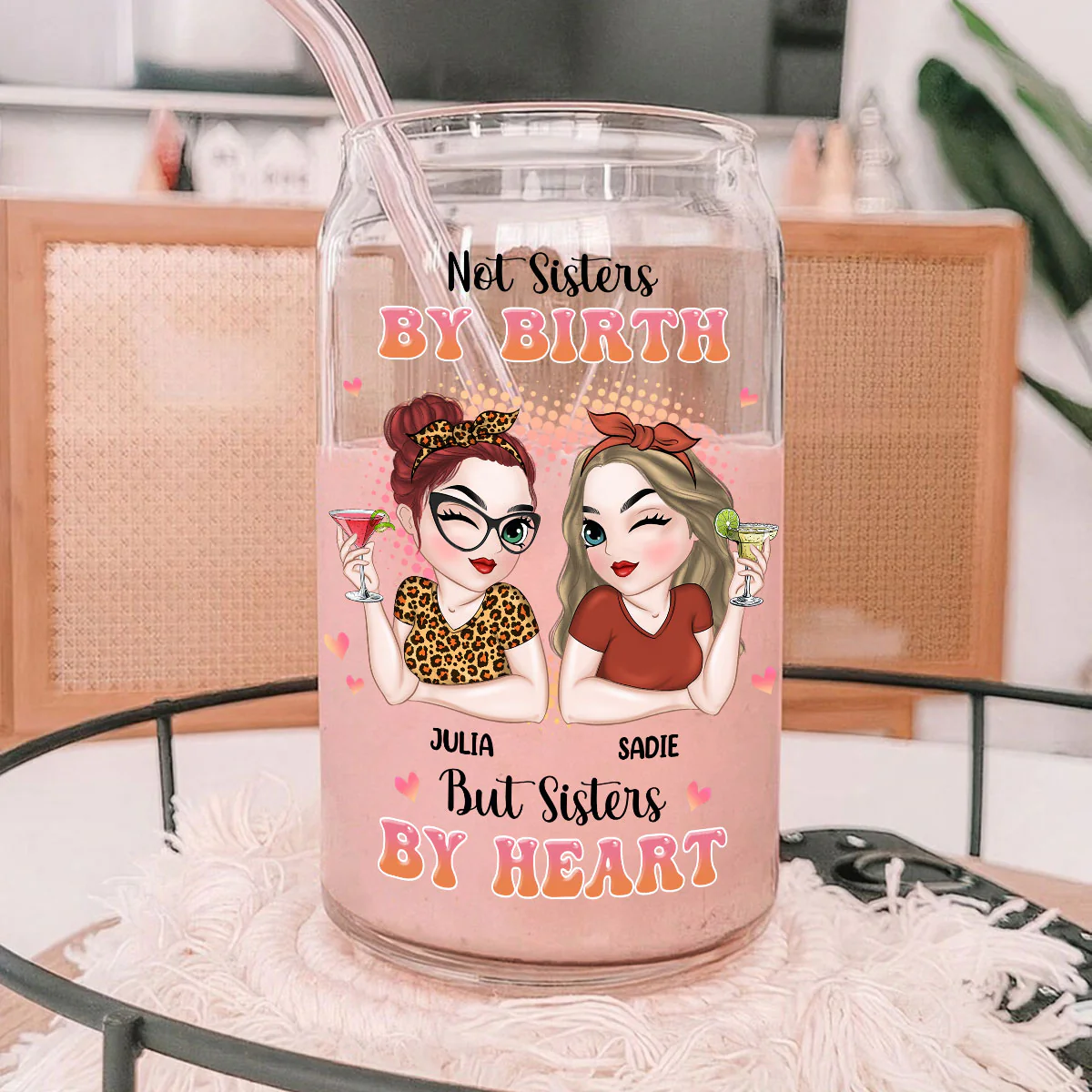 Sisters By Heart - Personalized Custom Glass Can - Image 5