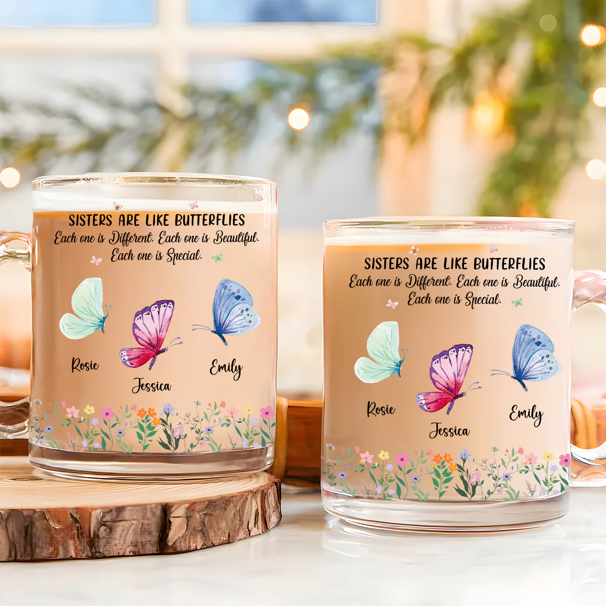 Sisters Flutter Through Life Beautifully - Personalized Custom Glass Mug - Image 3