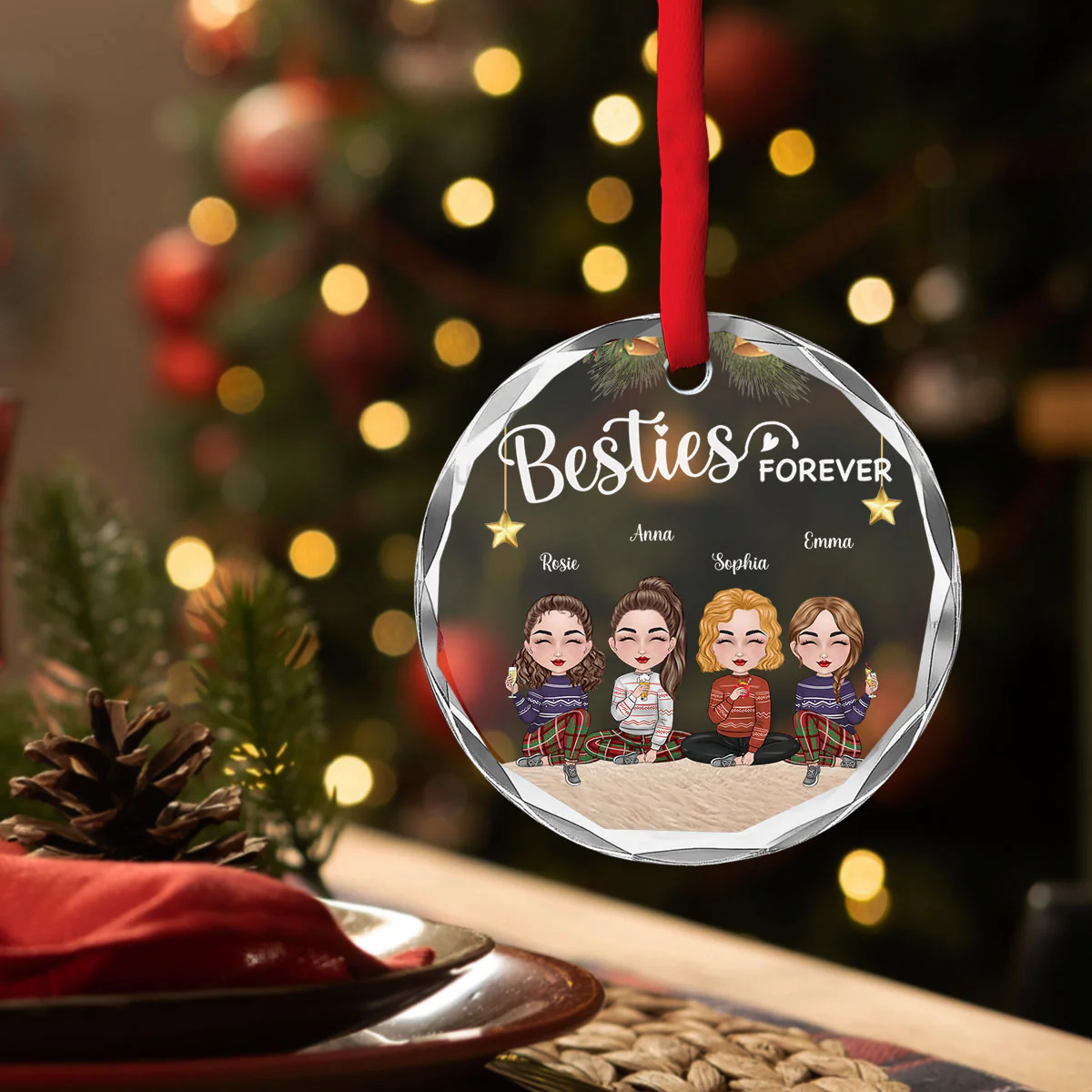 Sisters Forever Christmas - Personalized Custom Glass Ornament - Image 3