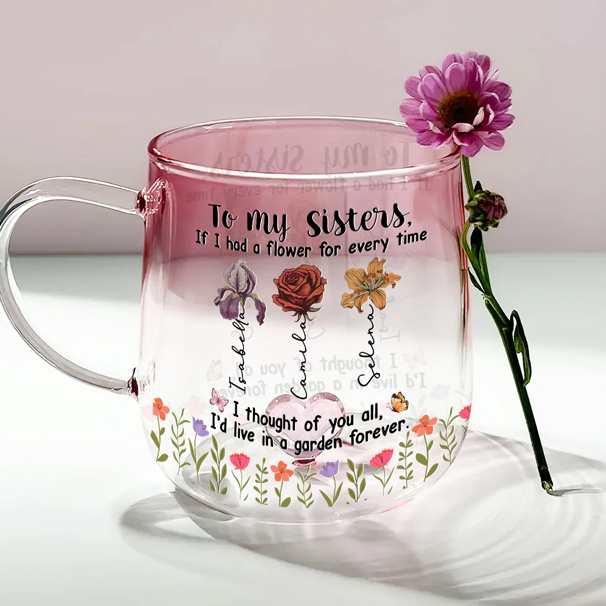 Sisters Make Life More Beautiful - Personalized Custom Pink Gradient Glass Mug - Image 2