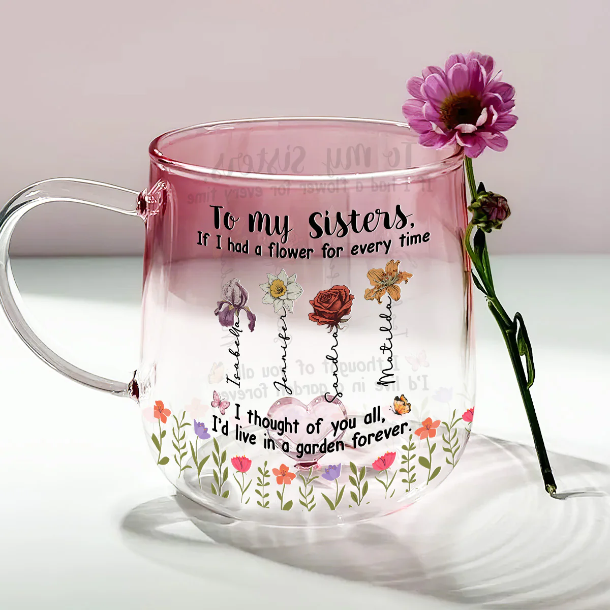 Sisters Make Life More Beautiful - Personalized Custom Pink Gradient Glass Mug - Image 4