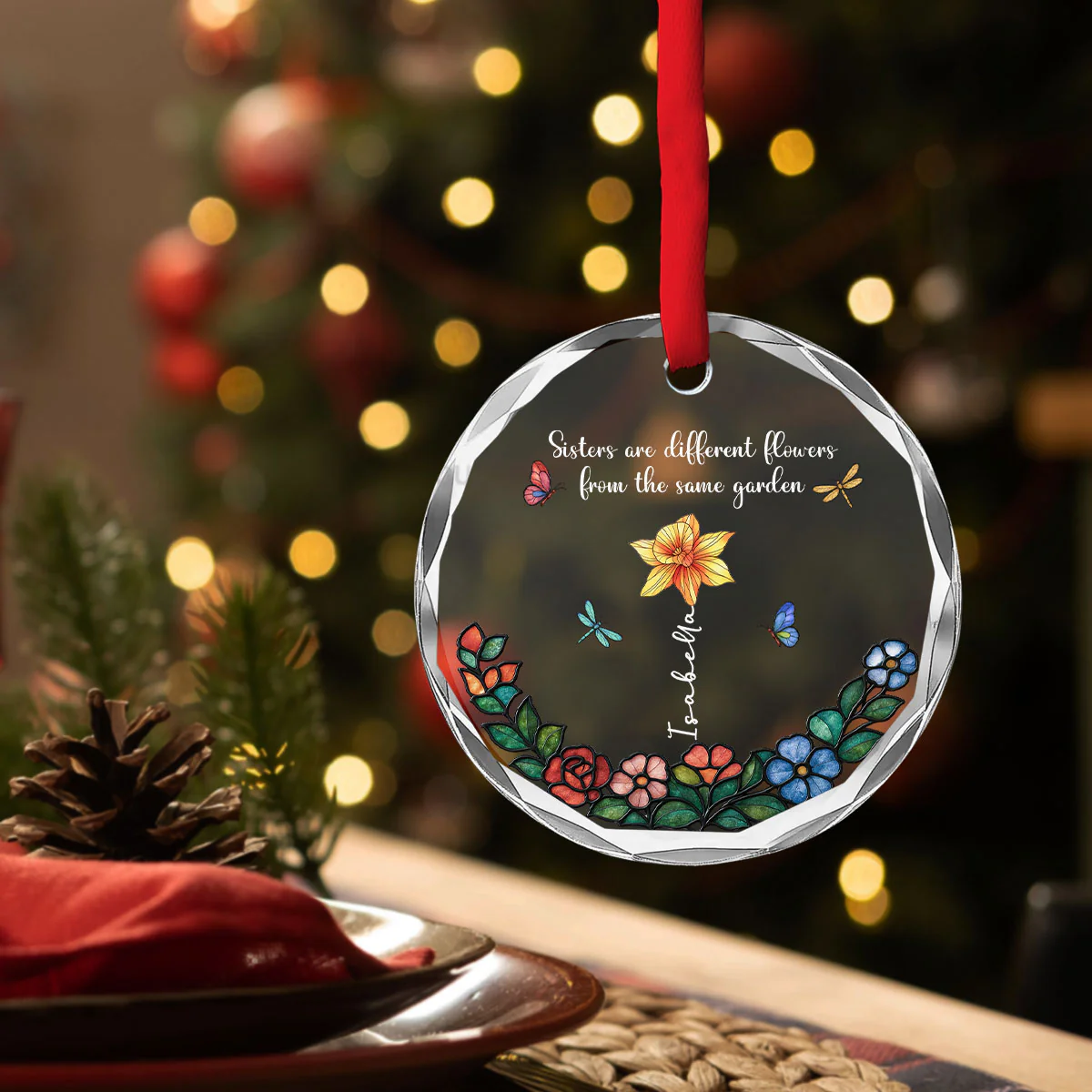 Sisters Shine In One Garden - Personalized Custom Glass Ornament - Image 3