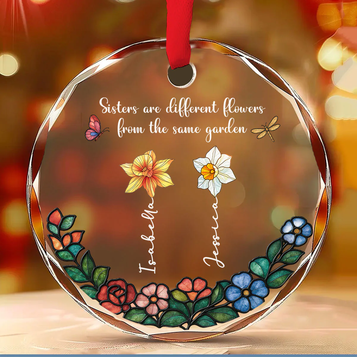 Sisters Shine In One Garden - Personalized Custom Glass Ornament - Image 4