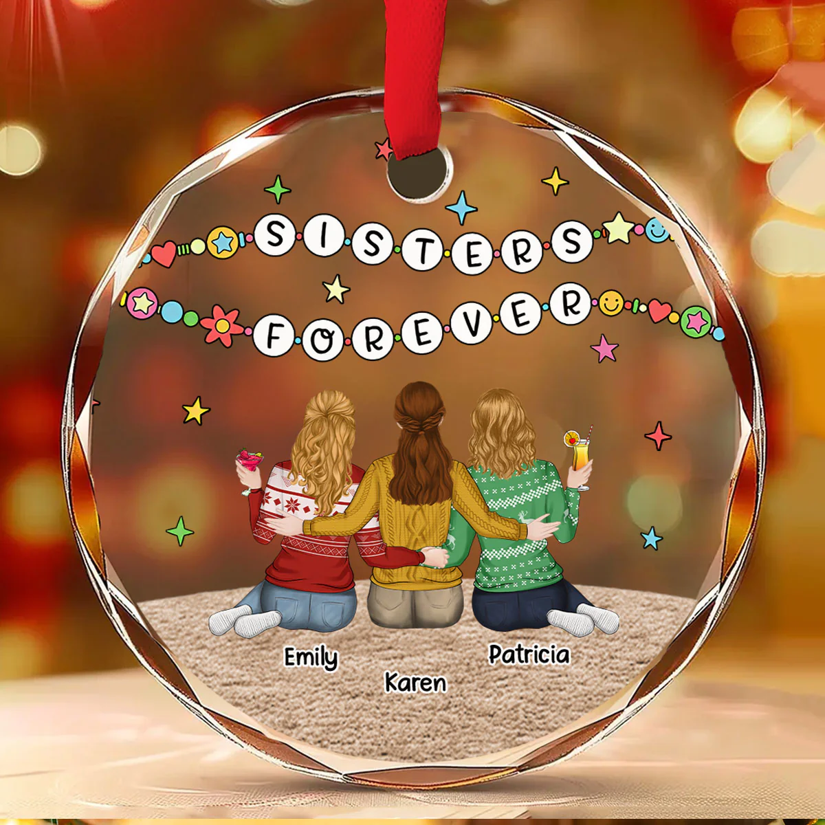 Sisters Sitting Colorful - Personalized Custom Glass Ornament - Image 2