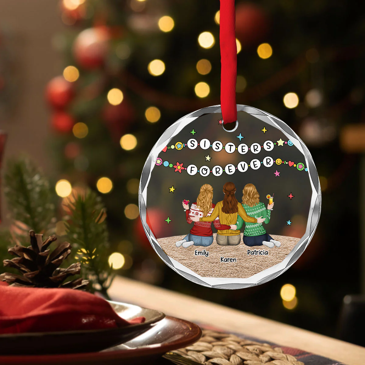 Sisters Sitting Colorful - Personalized Custom Glass Ornament - Image 3