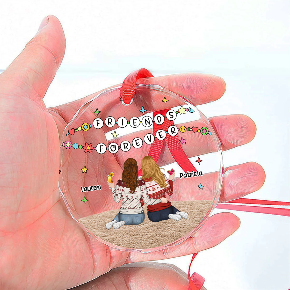 Sisters Sitting Colorful - Personalized Custom Glass Ornament - Image 4