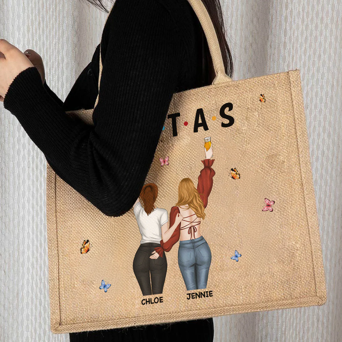 Sisters Together - Personalized Custom Jute Tote Bag - Image 2