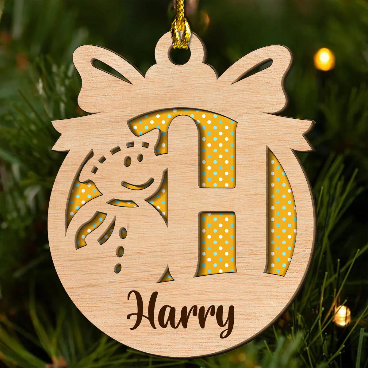 Snowman And Name Letter - Personalized Custom 2-layered Wood Ornament - Image 5