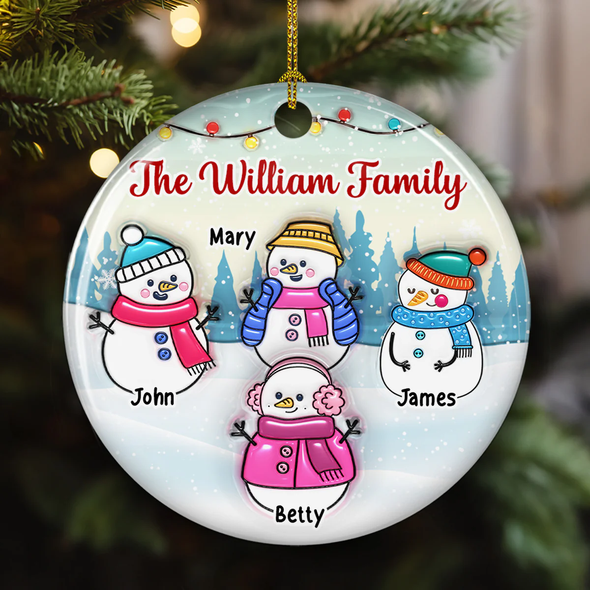 Snowman Family - Personalized Custom 3D Inflated Effect Ceramic Ornament - Image 2