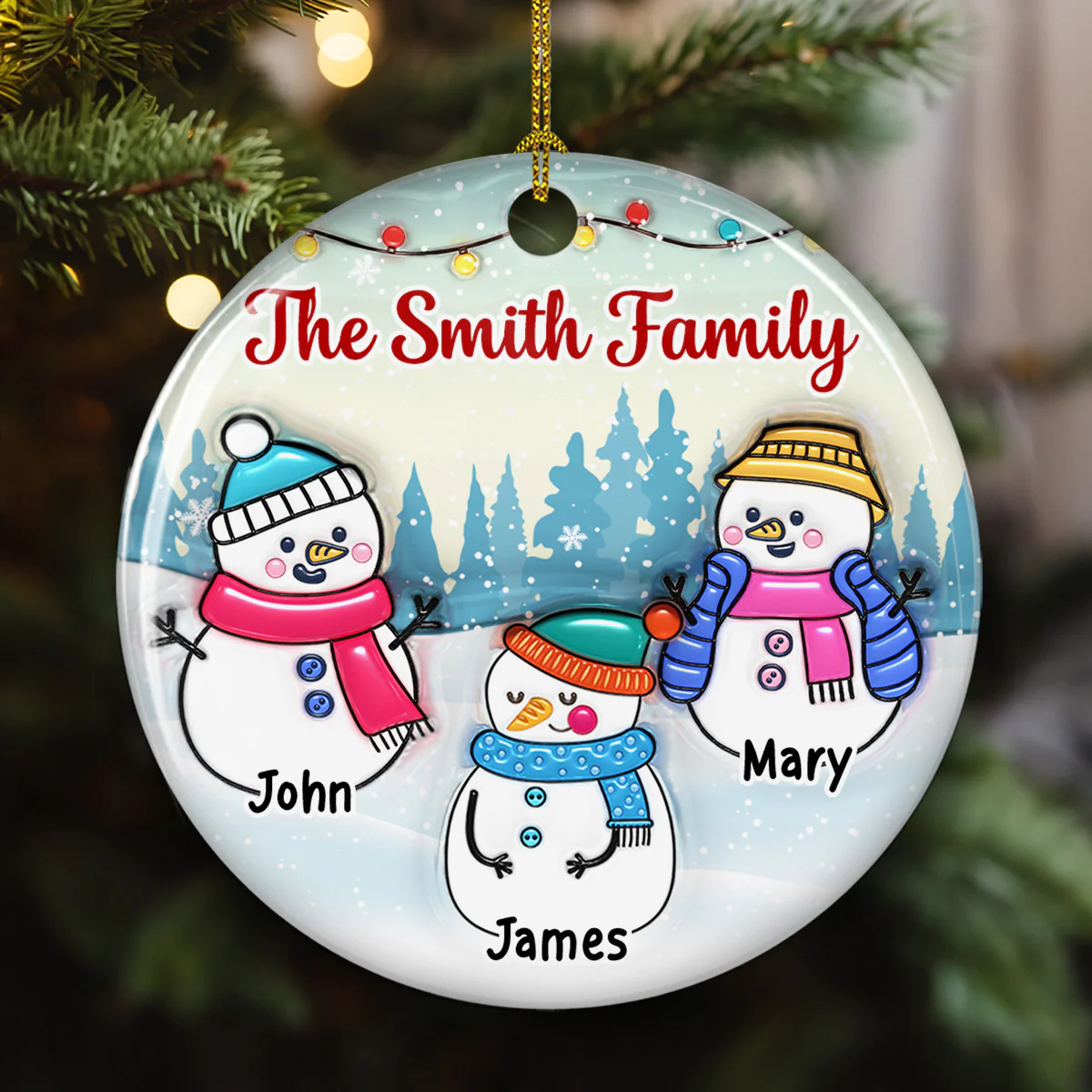 Snowman Family - Personalized Custom 3D Inflated Effect Ceramic Ornament - Image 3