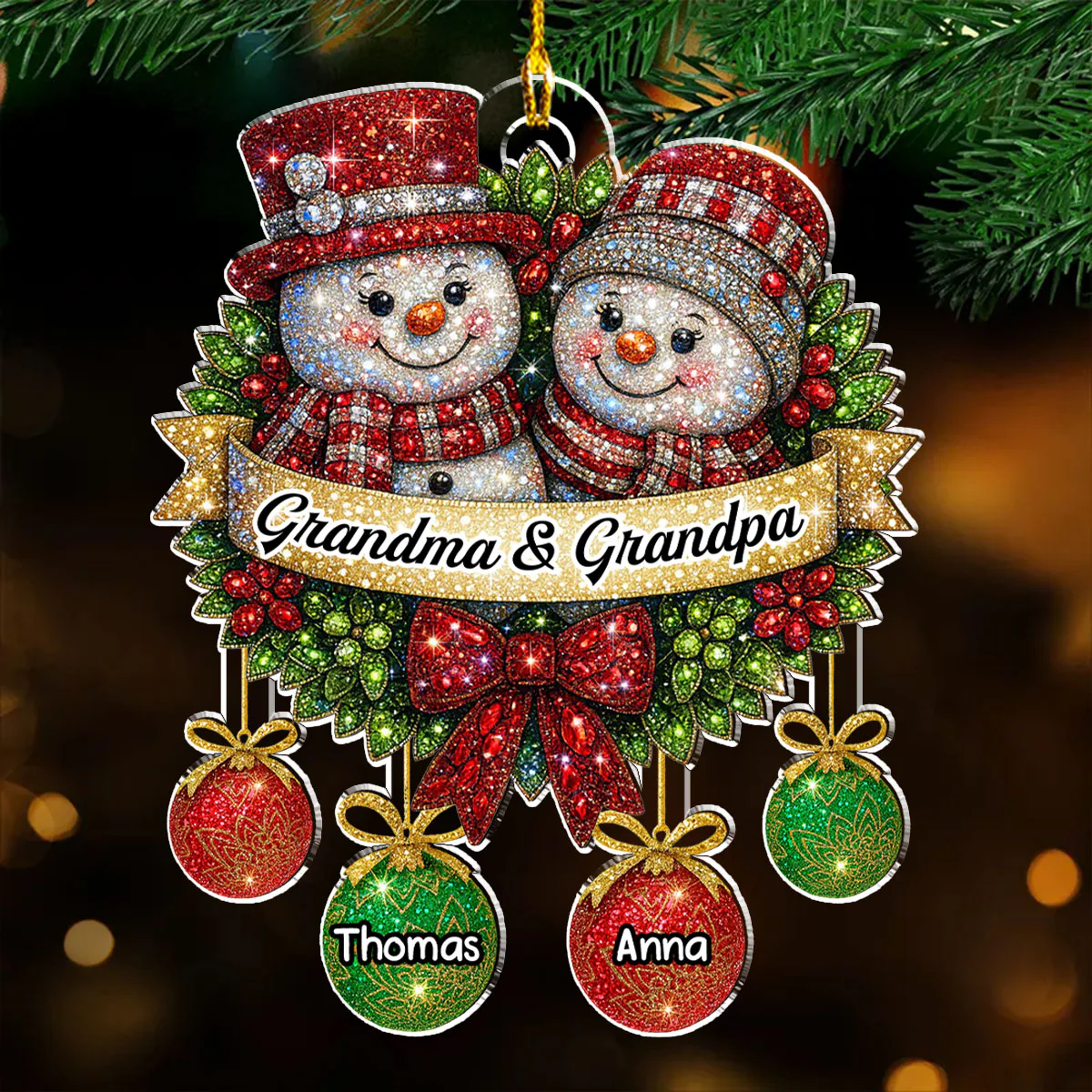 Snowman Grandma Grandpa Grandkids - Personalized Custom Acrylic Ornament - Image 2