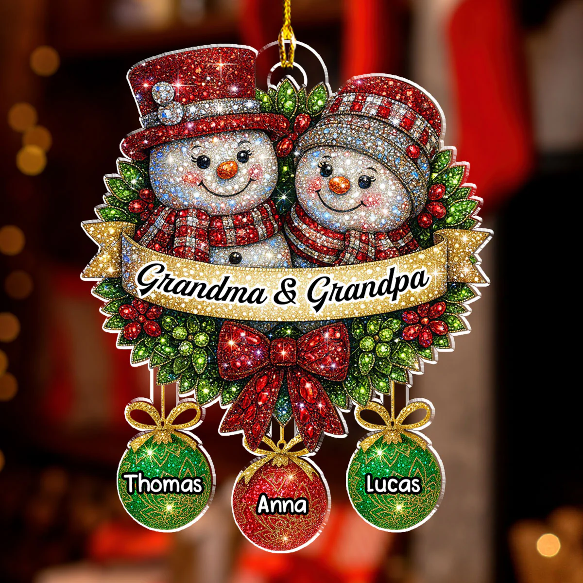 Snowman Grandma Grandpa Grandkids - Personalized Custom Acrylic Ornament - Image 3