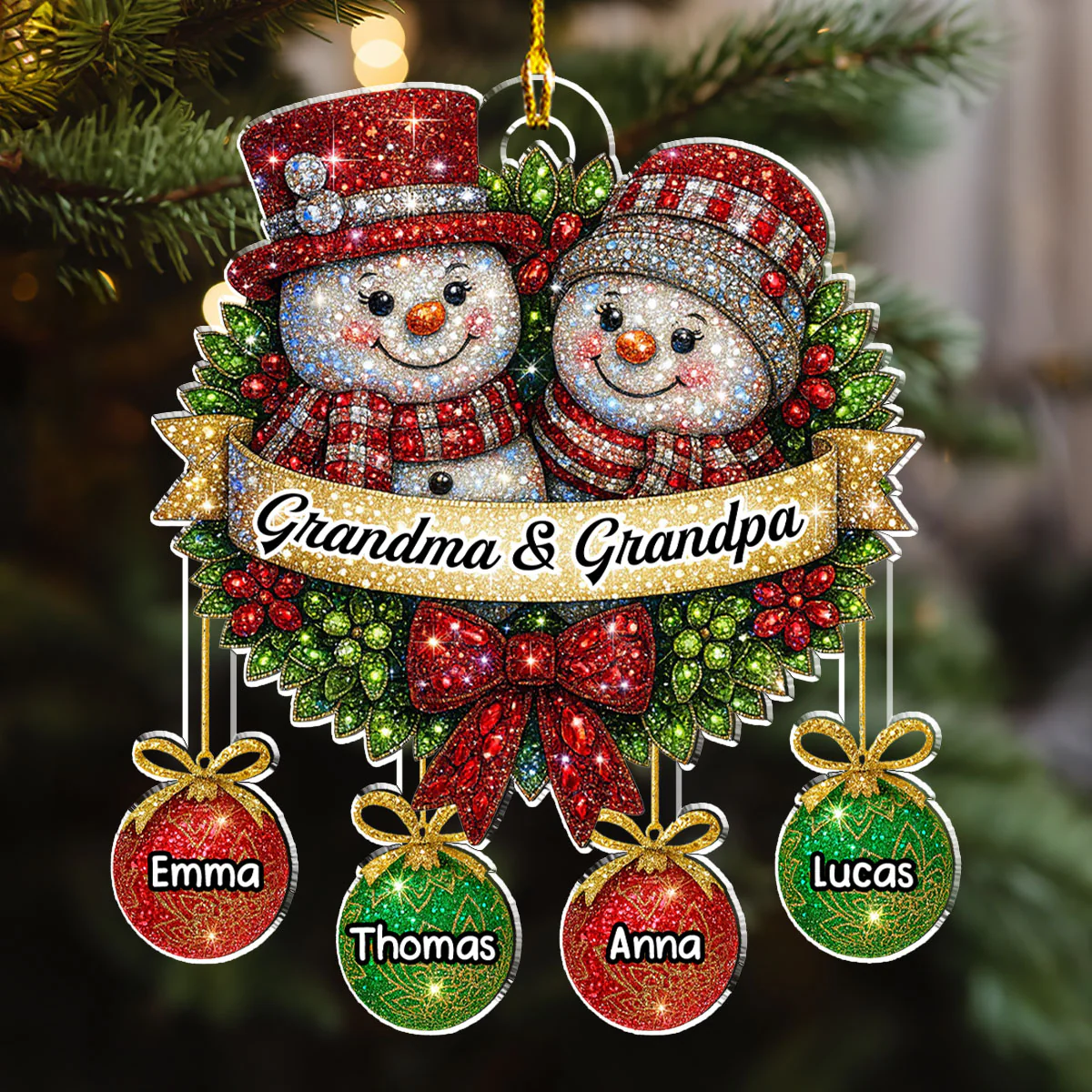 Snowman Grandma Grandpa Grandkids - Personalized Custom Acrylic Ornament - Image 4