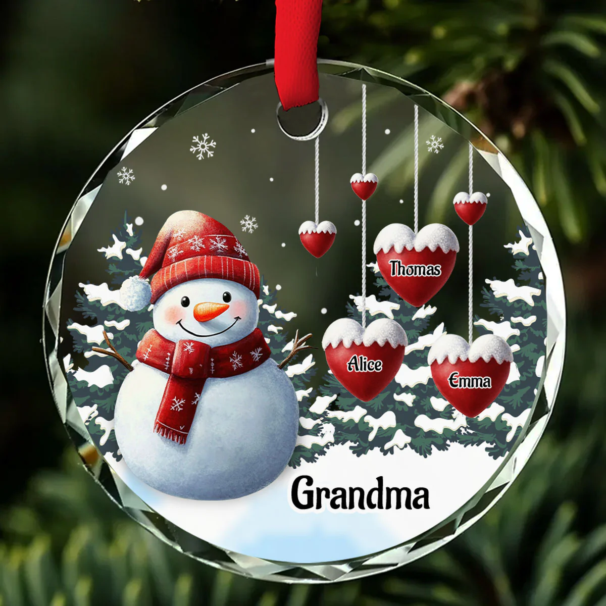 Snowman Kid And Grandma - Personalized Custom Glass Ornament